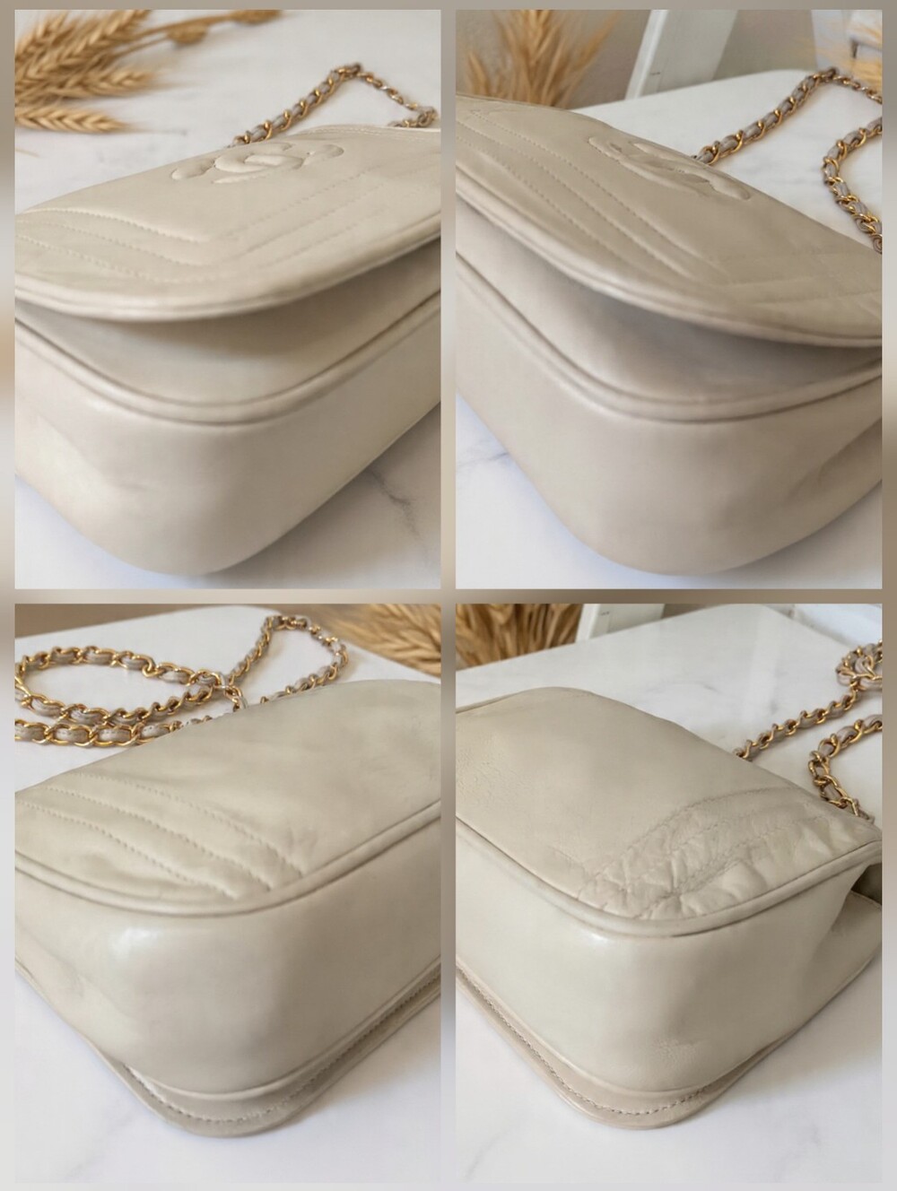 👜 Vintage Chanel 1988 Beige Lambskin CC Stitch Small Flap Shoulder Bag - Picture 9 of 17